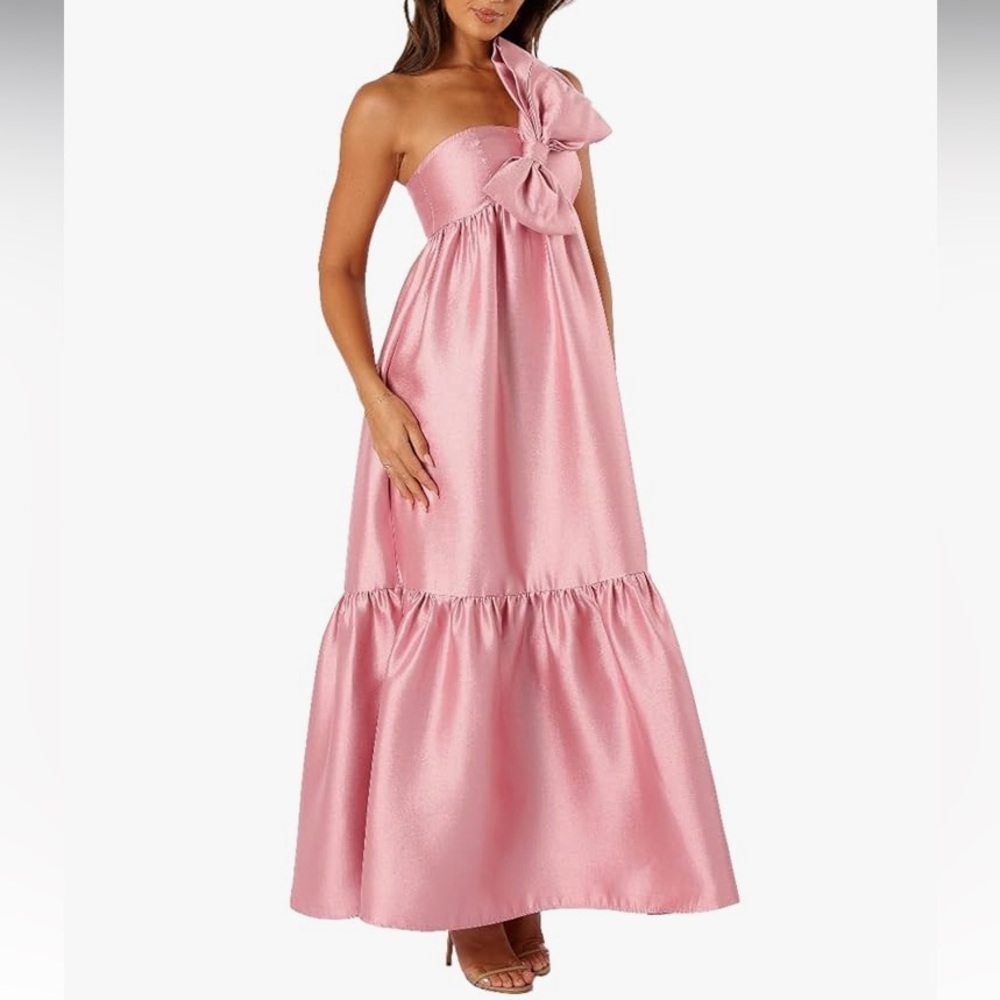 PETAL & PUP Betina Dusty Rose Pink Satin One Shoulder Bow Maxi Dress - Picture 16 of 16